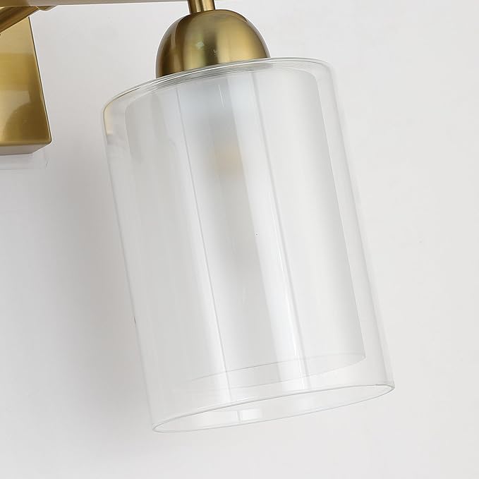 Stainless Steel Bathroom Vanity Light Over Mirror, 2 Light Brushed Gold Bathroom Light Fixtures with Milk Glass and Clear Glass Shades, Modern Vanity Lighting Wall Mount