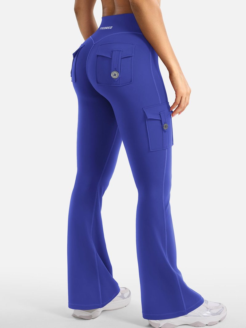 YEOREO CoreFlex Women Workout Flare Leggings with Pockets Hidden Scrunch High Waisted Cargo Gym Yoga No Front Seam Leggings 30" Inseam Dazzling Blue XXL
