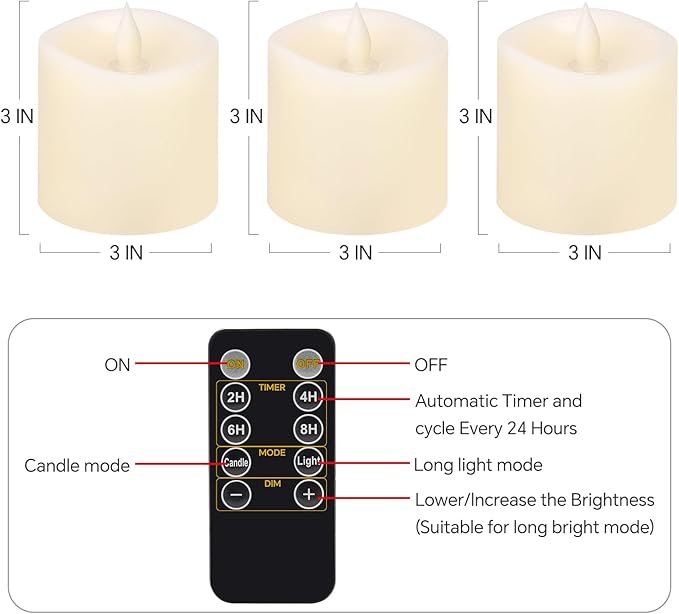 3x3 Flickering Flameless Candles Set of 3, Real Wax LED Battery Candles Flickering, 3 inch Flameless Candles with Remote,Battery Powered Candles, for Party/Wedding,Ivory