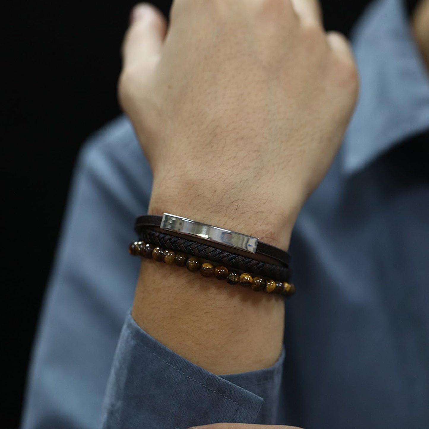 Kim Carrey Italian Handmade Genuine Leather Multi-Layer Cuff Bracelet for Men with Stainless Steel Clip, 8.2" Tiger Eye
