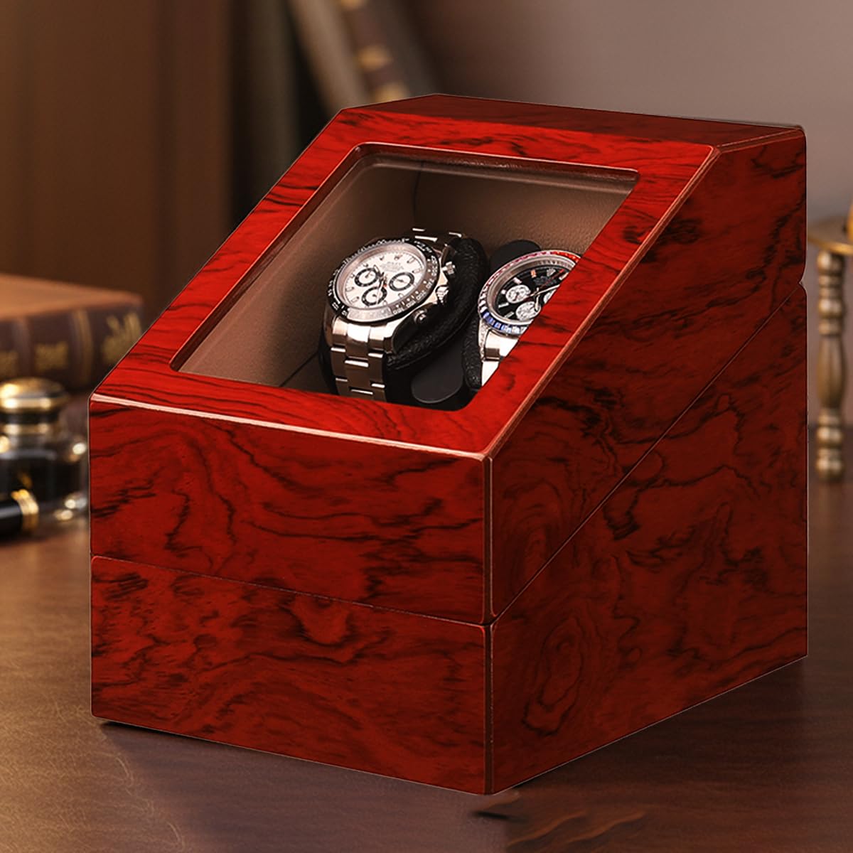 Mineesi Watch Winders for Automatic Watches, Automatic Watch Winder Box,2 Watch Winder with Quiet Motor and 2 Storage Case for Man/Woman's Watches (Tawny Brown)
