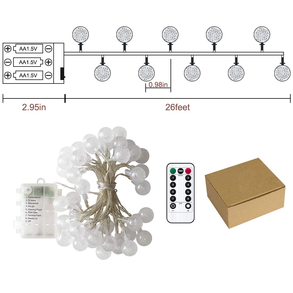 Metaku Globe String Lights Fairy Battery Operated 26ft 60LED with Remote Waterproof Indoor Outdoor Hanging Decorative Christmas for Home Party Patio Garden Wedding