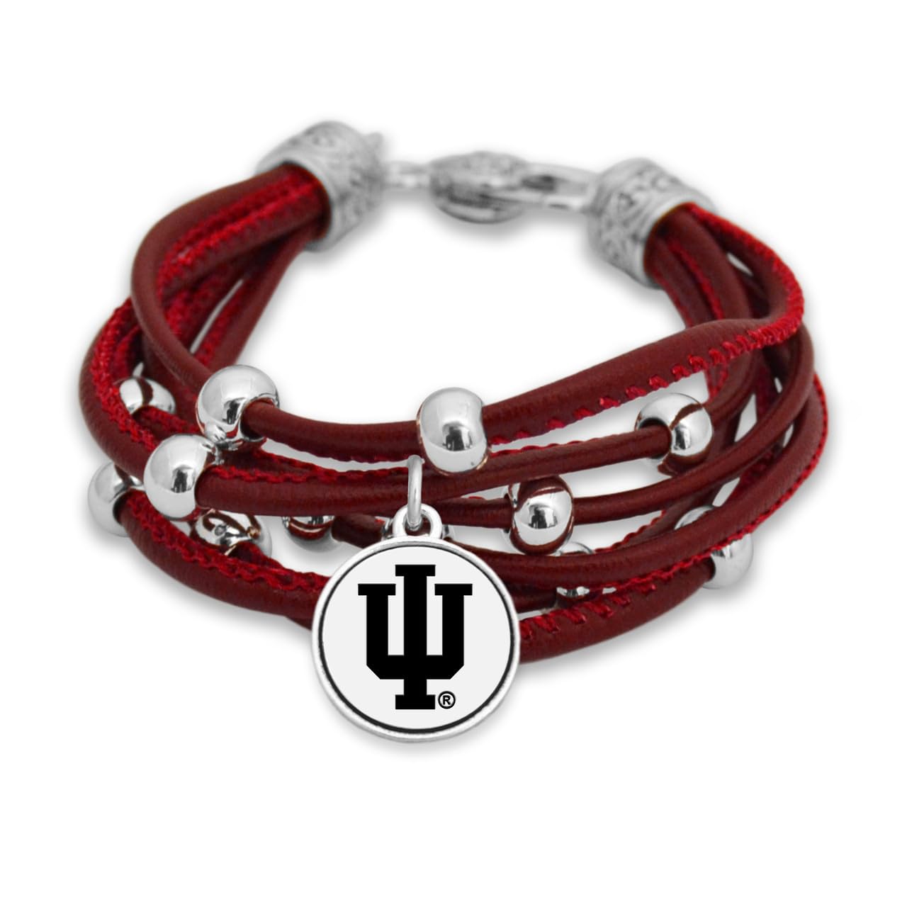 FTH Women’s Bracelet, Leather Cord Bracelet with Silver Beads and Team Logo Charm, Officially Licensed NCAA Women’s Jewelry, 7.5 Inch (Indiana Hoosiers)