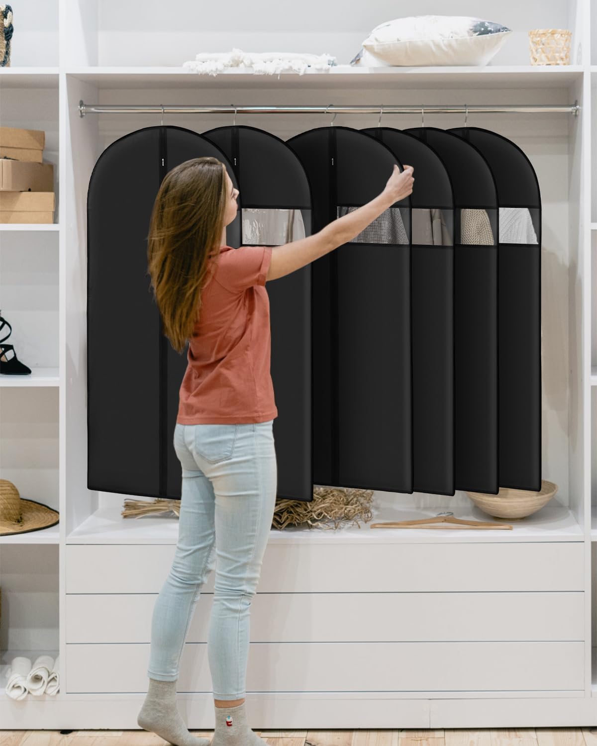 Garment Bags for Hanging Clothes 8 packs Washable Black Suit Bags for Closet Storage and Travel with Clear Window (43 inches)