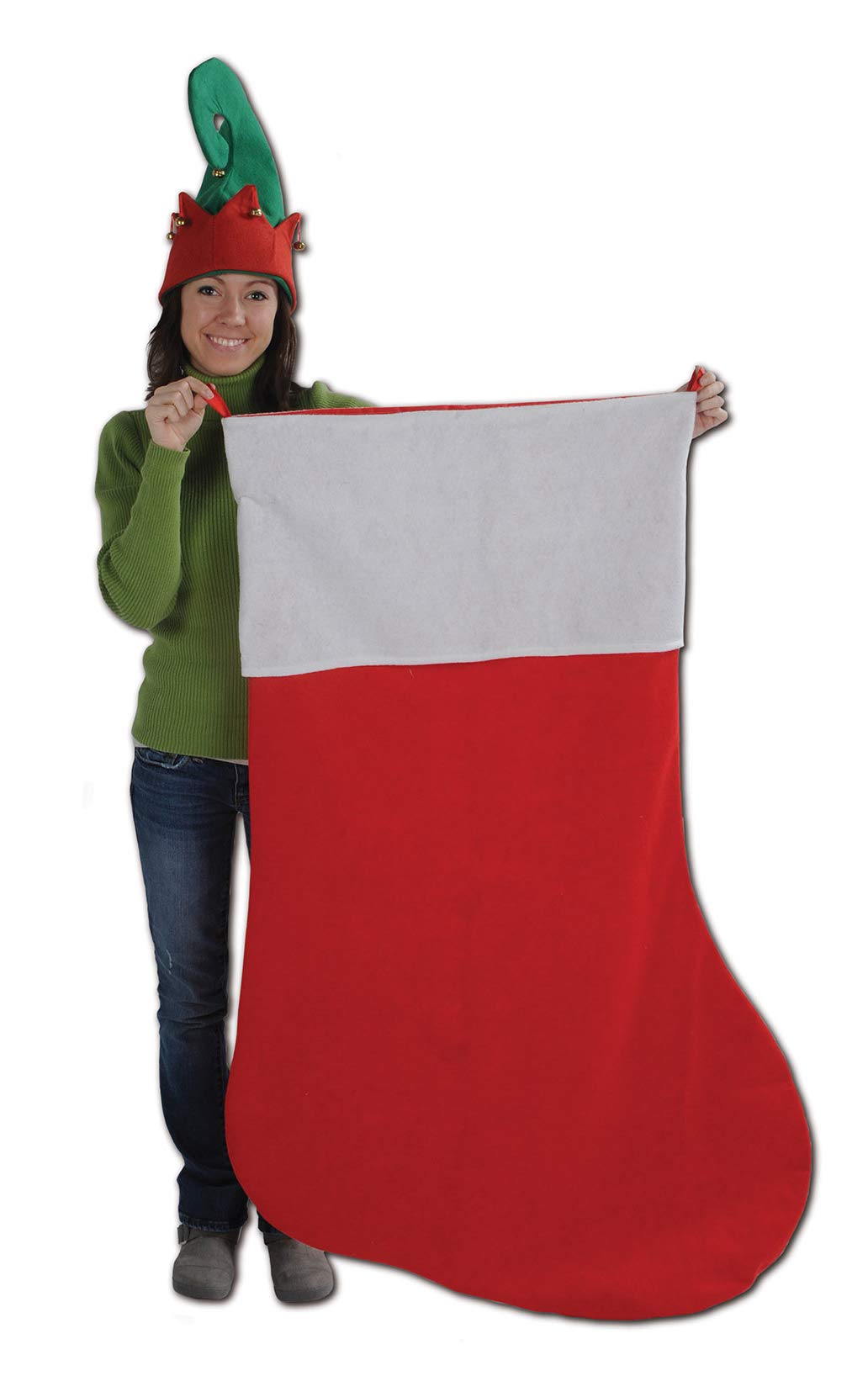 Beistle Red Jumbo Stocking with White Trim, Christmas Decorations & Festive Party Stocking, Extra Large Festive Decor with Fold Over Cuff, 4' 6"