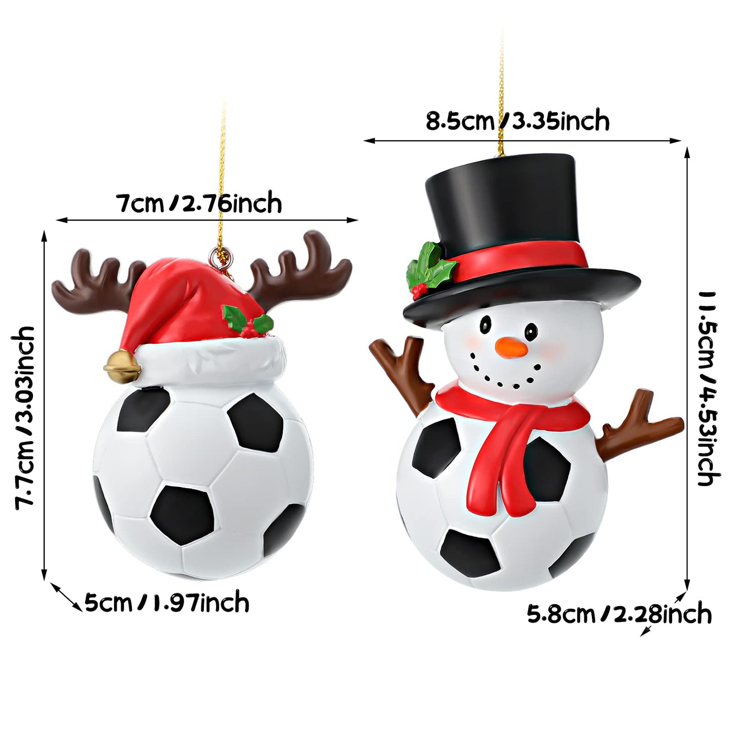 Jetec 2 Pieces Christmas Hat Soccer Ornament Snowman Hanging Ornament Xmas Reindeer Soccer Pendent Resin Snowman Decoration Christmas Tree Decoration for Fireplace Bedside Desks Shelf