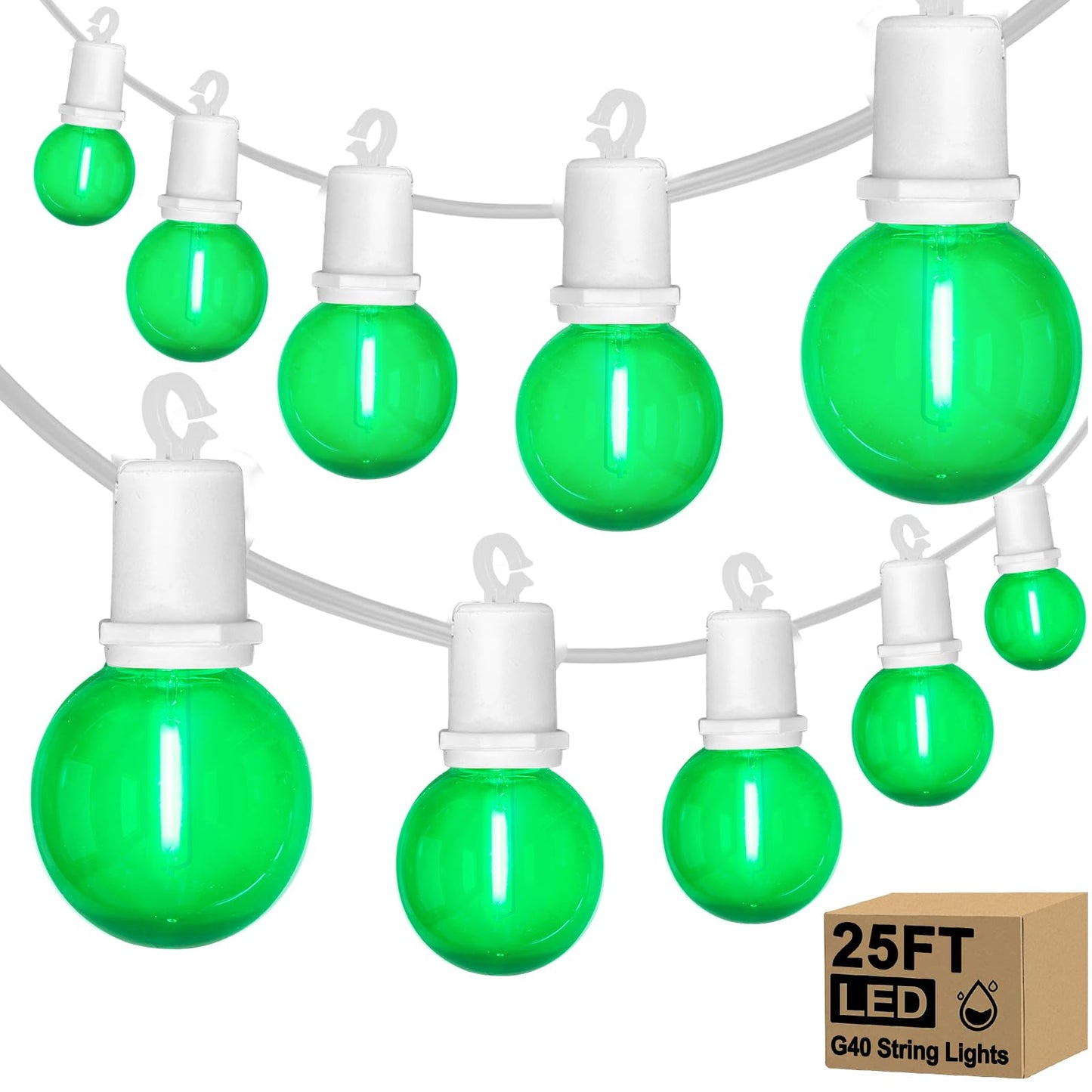 G40 LED St. Patrick's Day String Lights Outdoor, 25Ft St Patricks Decorations Lights Outdoor with Clear Green Round Bulbs, Hanging Patio Lights Shatterproof for Indoor Home Decor Party, White Wire