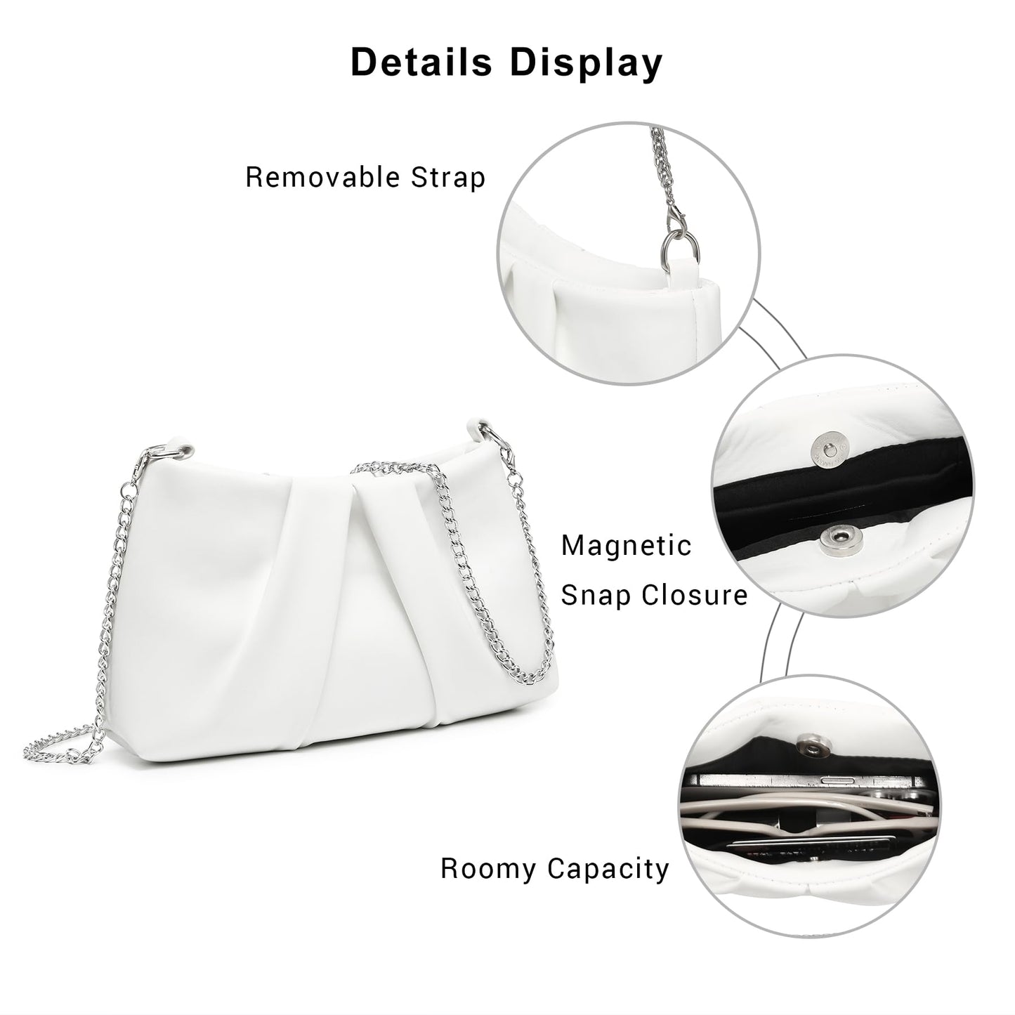 Dasein Elegant Pleated Evening Bag Soft Vegan Leather Clutch Purse Dressy Formal Handbag with 2 Chain Straps for Women (White)