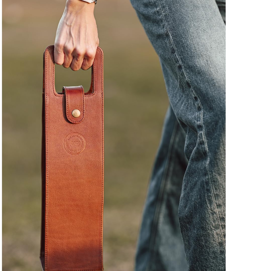 Argali Wines Premium Collection Single Bottle Wine Tote - Genuine Leather, Elegant & Durable, Secure Locking Strap, Sophisticated Gift for Wine Enthusiasts (Brown)