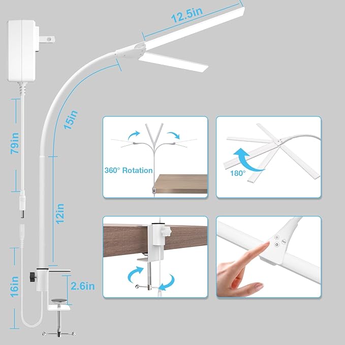 LED Desk Lamp, Double Head Desk Lamps for Home Office, Dimmable 25 Lighting Modes Bright Desk Lighting,12W 1400lm Eye-Caring Architect Table Lamp for Workbench Monitor Reading Study, White