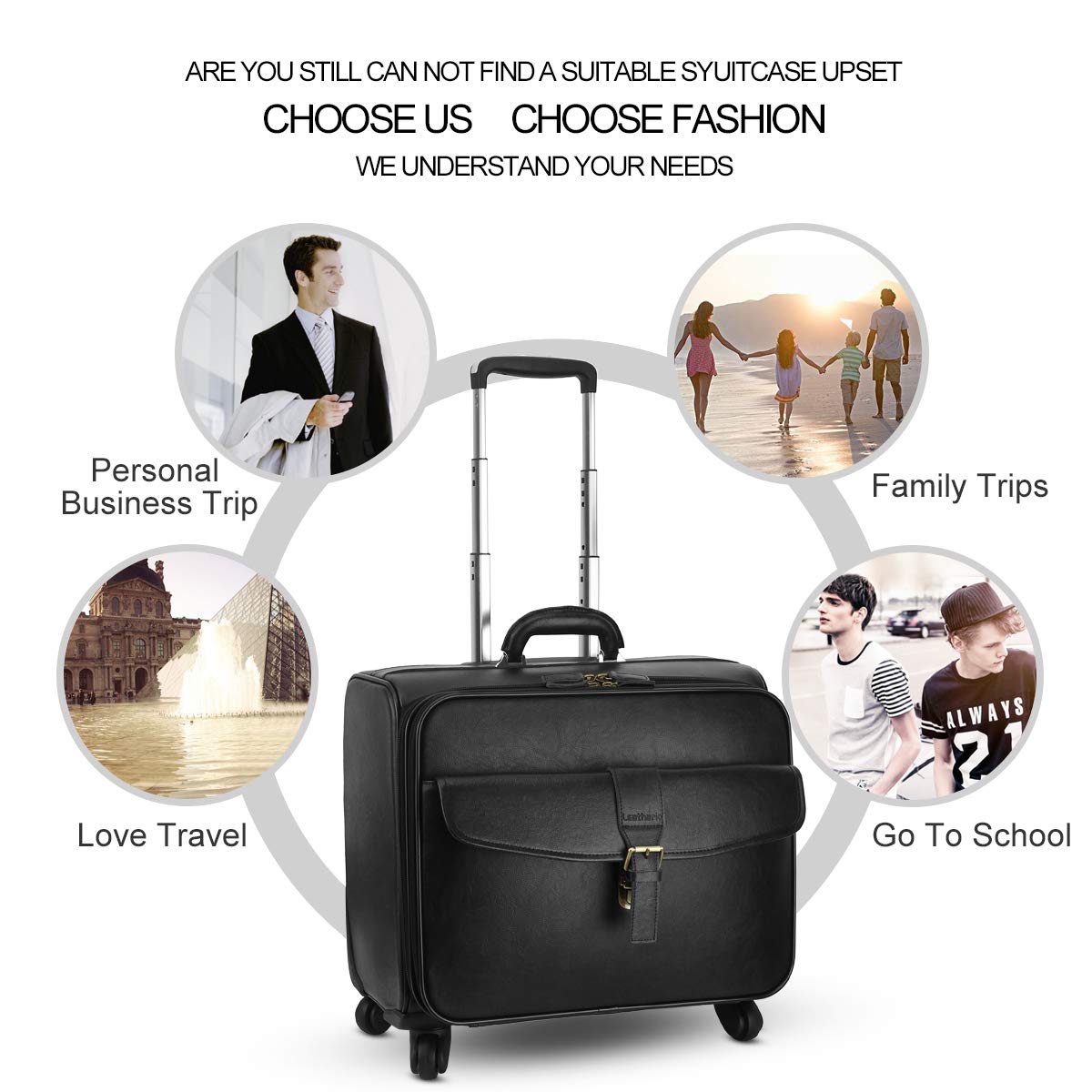 Leathario Leather Rolling Laptop Case Wheeled Briefcase Suitcase Roller Boarding