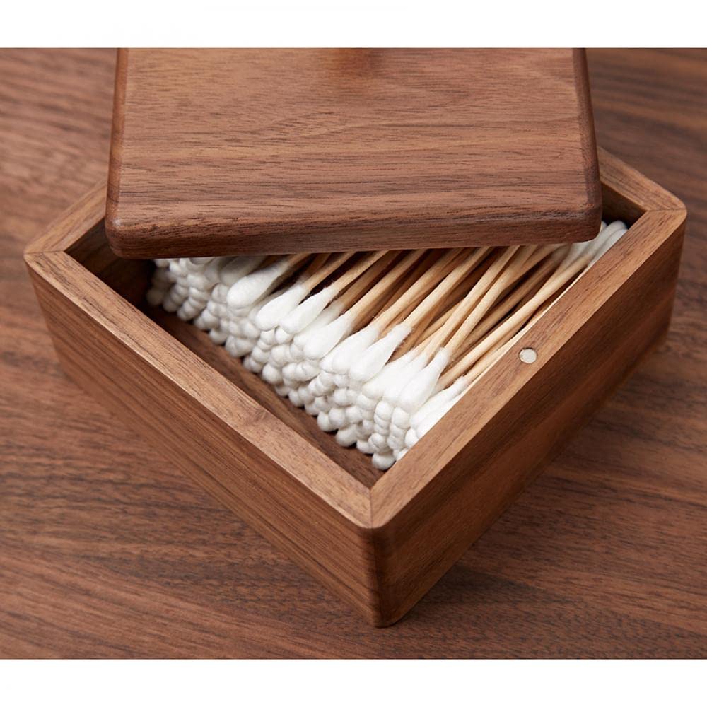 Sizikato Walnut Wood Q-Tip Box with Lid, Bathroom Cotton Swab Dispenser.