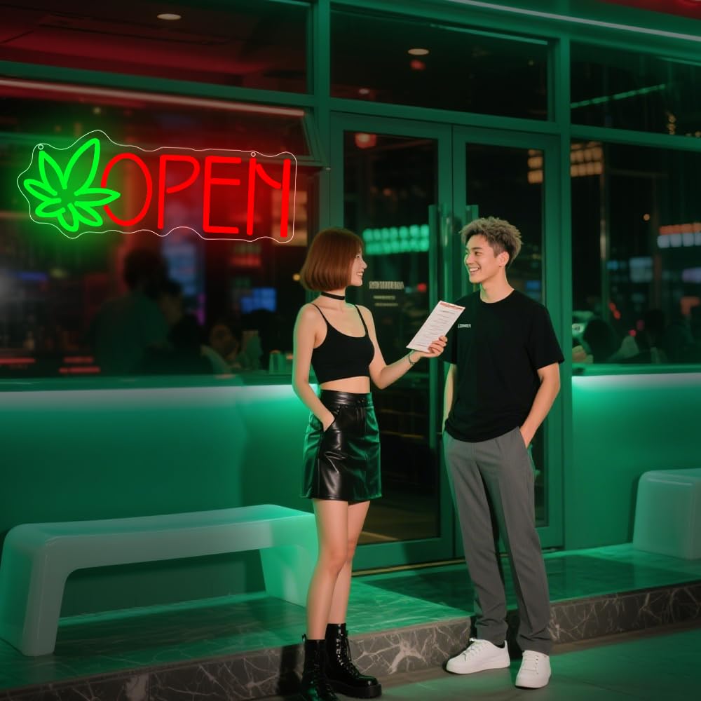 Green Leaf Neon Sign, Open Led Neon Light Signs for Wall Decor LED Light up Sign for Bar Home Beer Bar Pub Night Club Party Hotel Birthday Man Cave Club Pub Party Decor Gift USB Powered(16.2"*6.3")