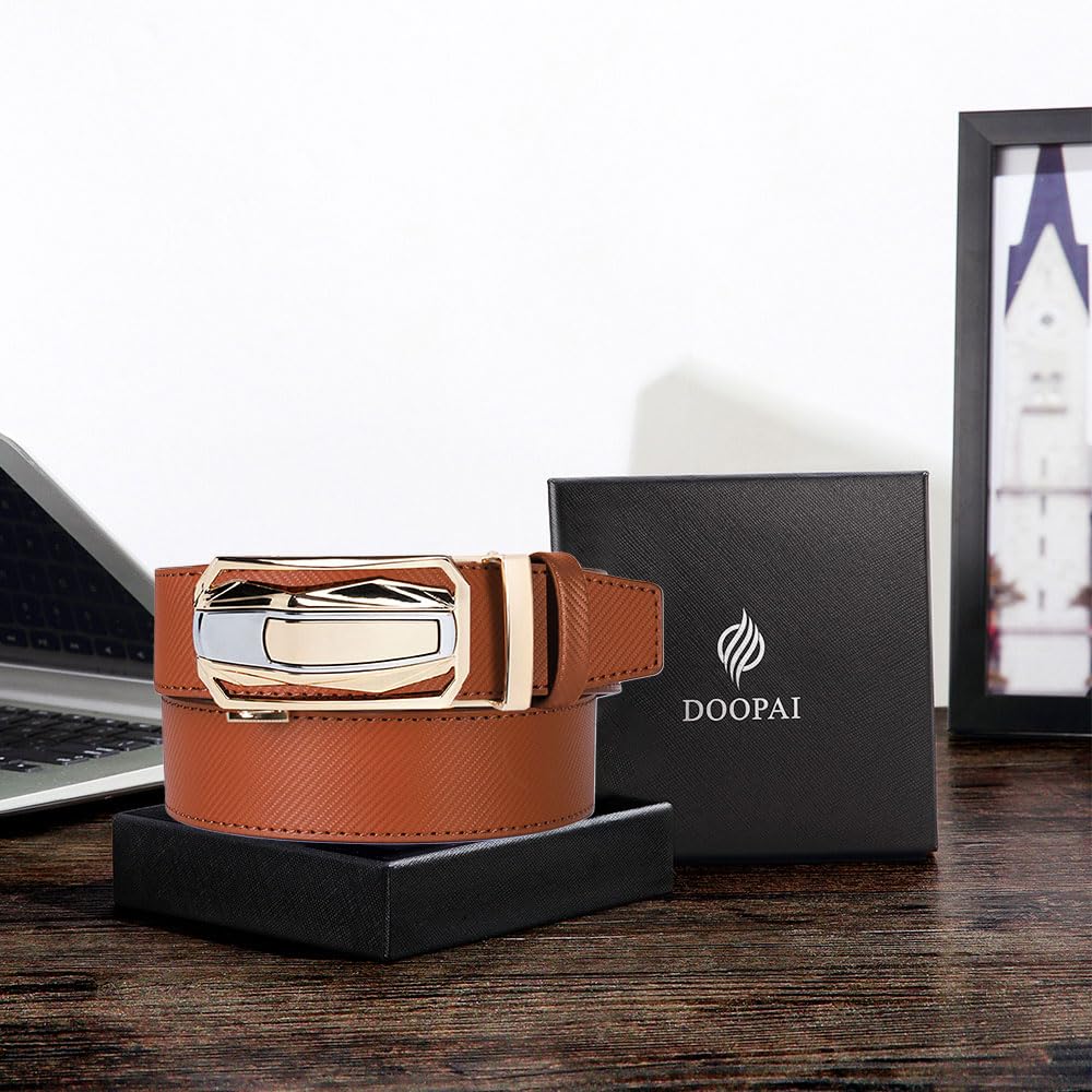 DOOPAI Men's Adjustable Ratchet Belt -Tan Leather Dress Belt for Men, Customizable Fit, Easy to Use, Maximum Durability