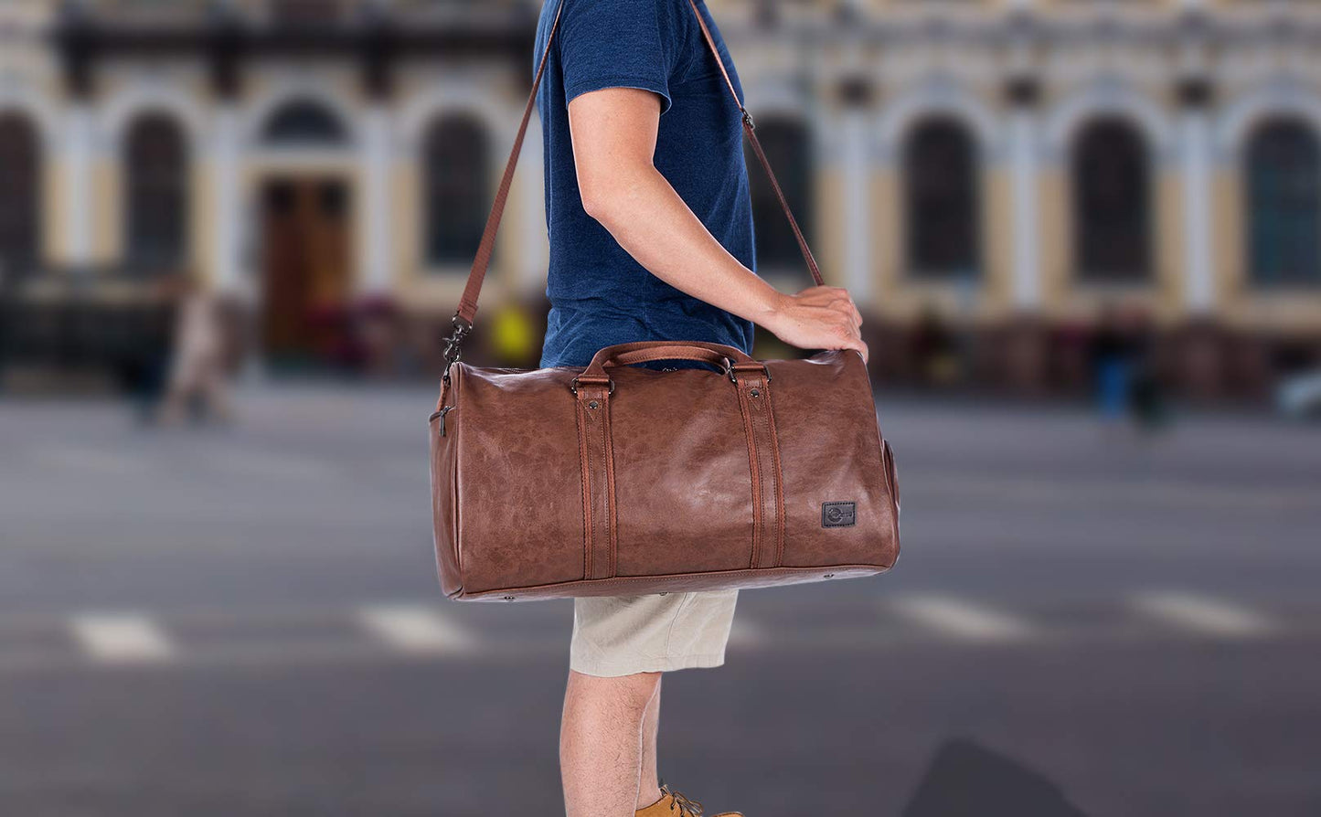 Leather Travel Bag with Shoe Pouch, Waterproof Weekender Overnight Bag,Carry On Duffel Bag for Men Women-Brown