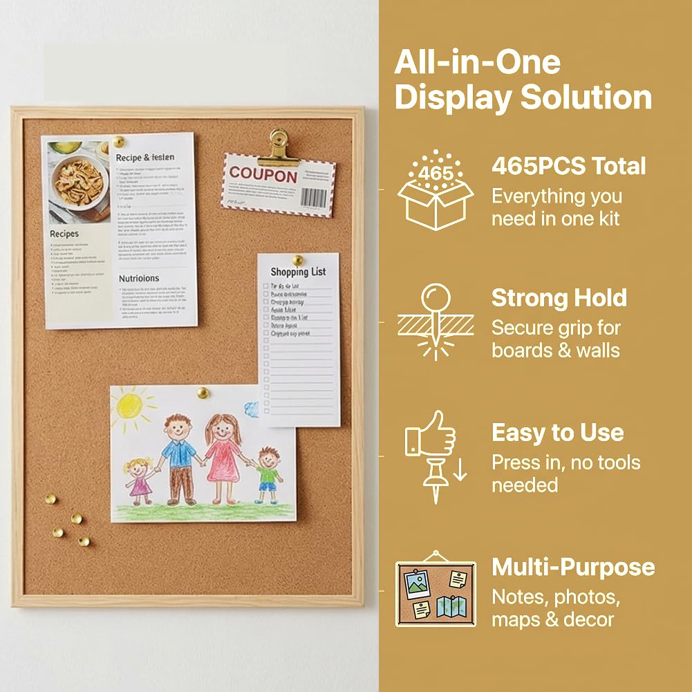 465 Pcs Gold Push Pins Set, 5 in 1 Thumb Tacks with Clips and Hooks for Cork Board, Multi‑Use Decorative Pushpins in Storage Box for Bulletin Board, Maps, Photos and Home Office