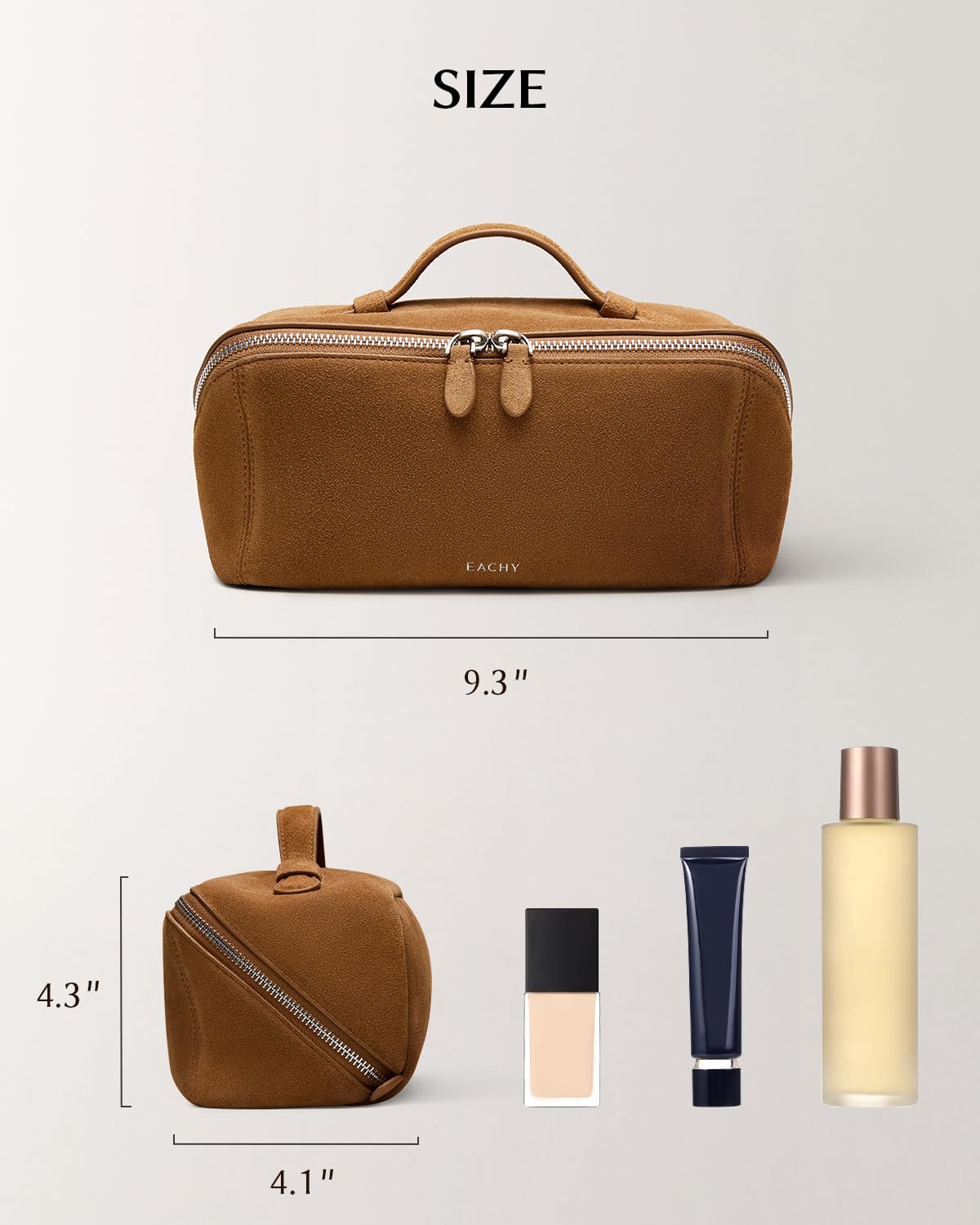 EACHY Leather Makeup Bag, Portable 180° Wide-Open Flat Cosmetic Bag for Women, Large Capacity Make Up Organizer Makeup Pouch with Divider and Handle