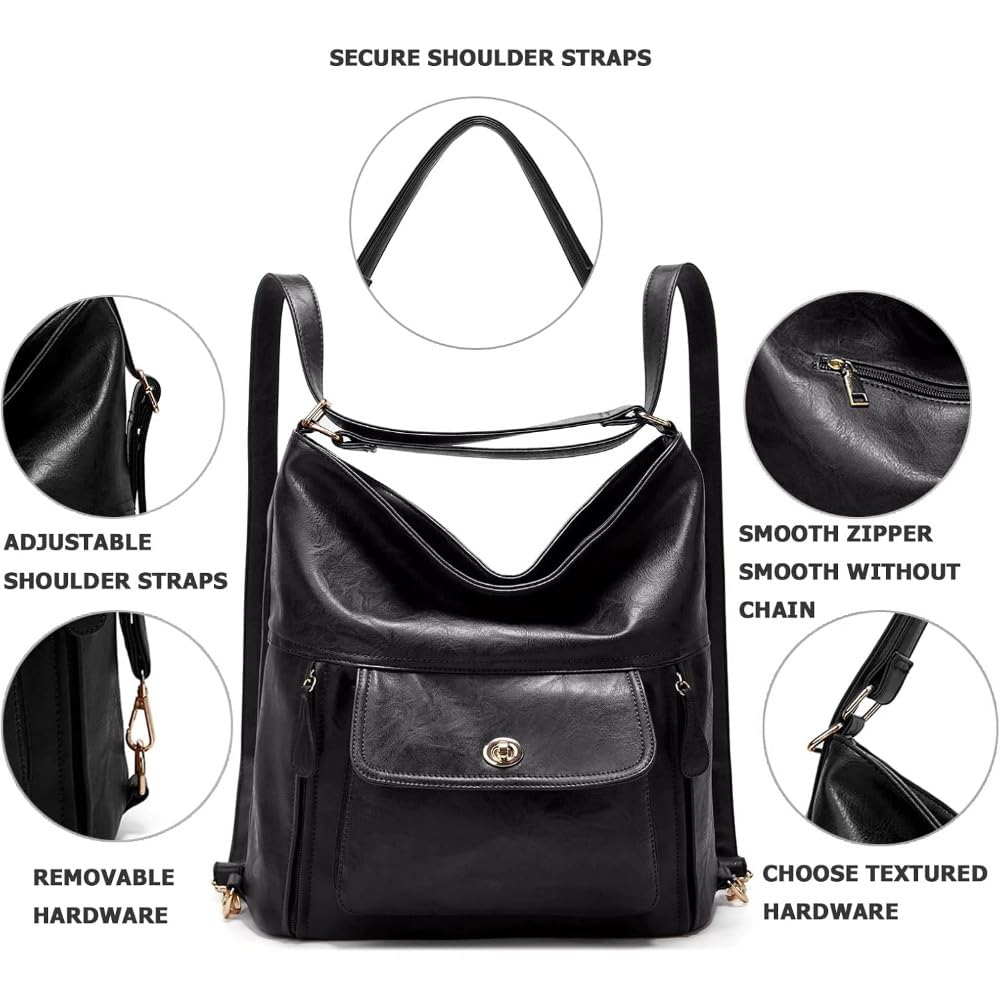 Zentora Vintage Genuine Leather Backpack Purse for Women, Convertible Daypack with Ample Space, Travel Backpack Loved by Her (Black)