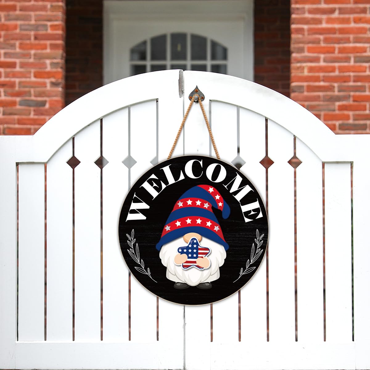 Interchangeable Gnome Welcome Sign Summer Patriotic 4th of July Porch Decor, Changeable Wood Gnomes Front Door Decoration Wreath Hanger for Spring Fall Winter All Seasons Holiday, Black and White