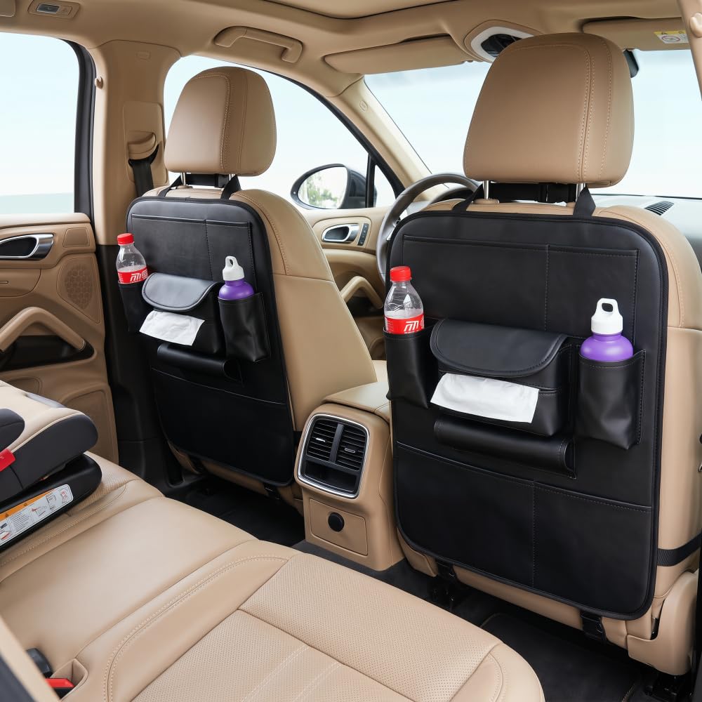 SANMITTI 2 Pack PU Leather Premium Car SeatBack Organizer Travel Accessories Kick mats Back seat Protector and Cup Holder Holder Universal Use Seat Covers (23×17 in)