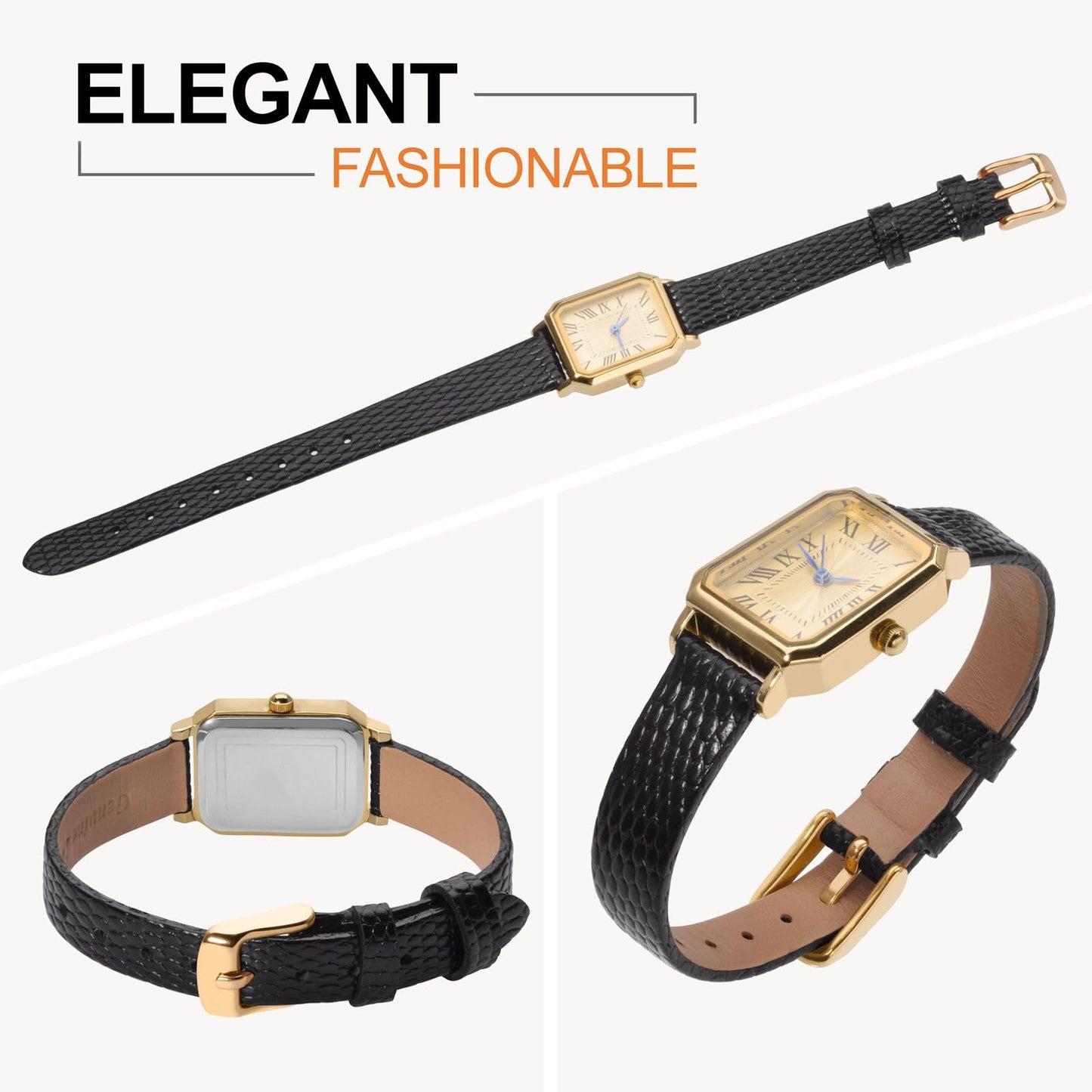 ANNEFIT Women's Leather Watch Band 10mm with Gold Buckle, Lizard Grain Slim Thin Replacement Strap (Black)