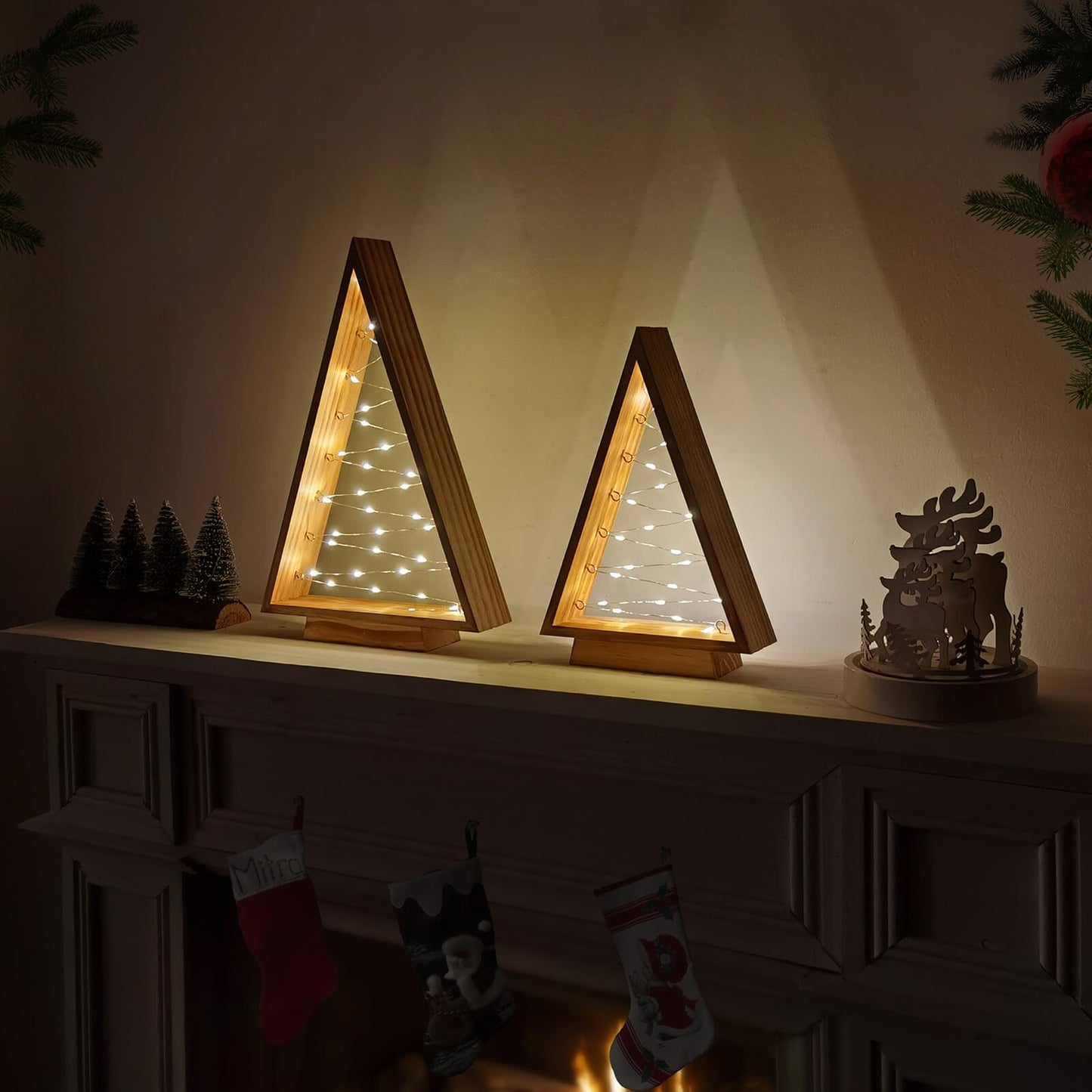 Leejec LED Wooden Christmas Tree Light, Modern Farmhouse Tabletop Christmas Décor, Table Fireplace Mantle Shelf Decorations, Set of 2 (14.3" and 10.7" Tall)