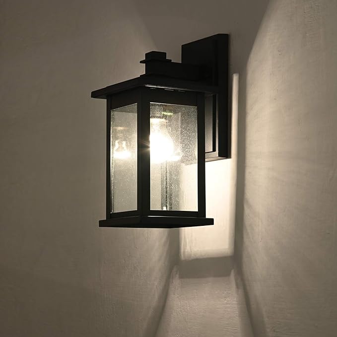 MICSIU Black Outdoor Wall Lantern Light Fixture, 12 Inch Glass Exterior Sconce Light Fixture, Clear Seedy Outdoor Lights for House, Porch, Garage, Garden