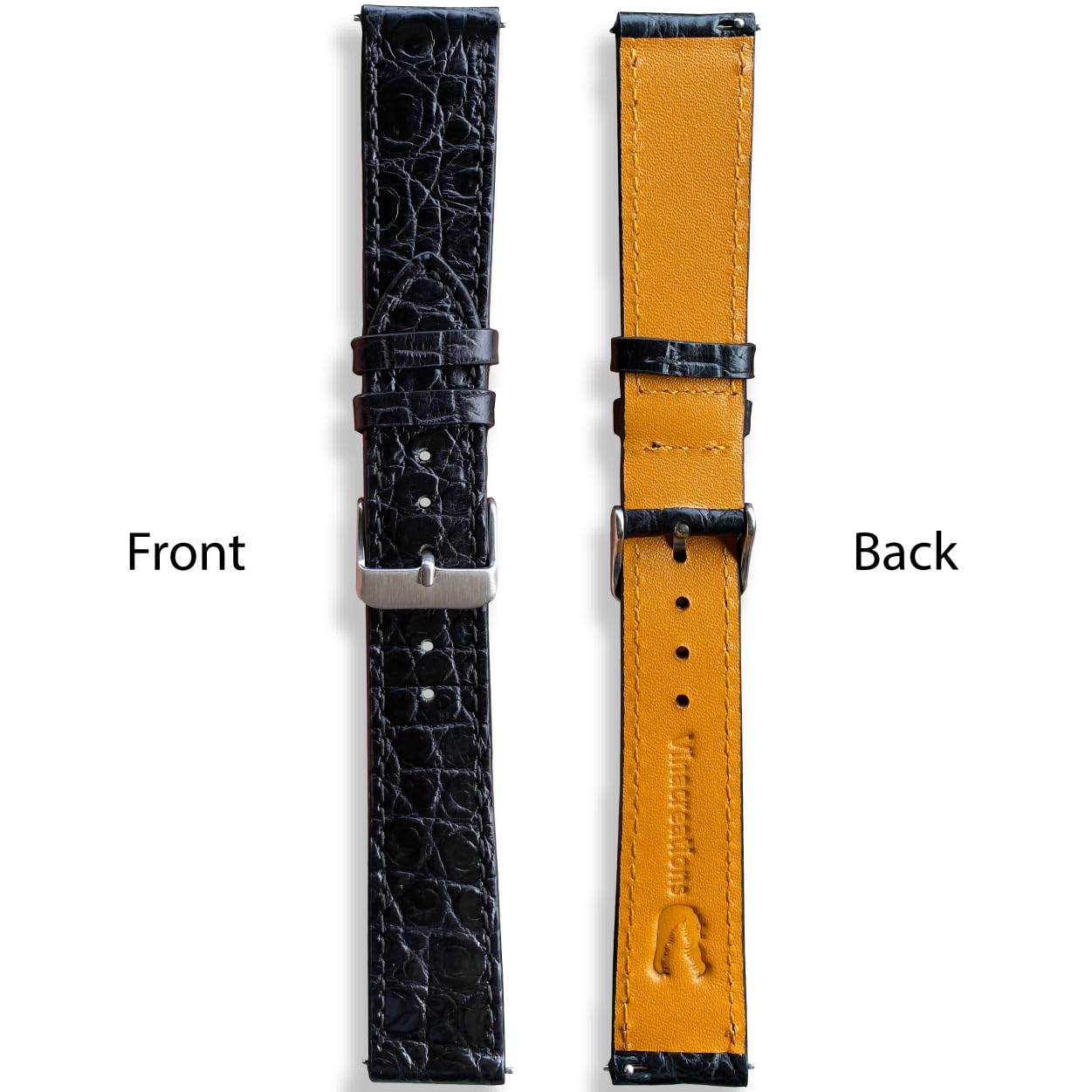 vinacreations 19mm Black Flat Alligator Belly Leather Watch Band Men Quick Release Slim Crocodile Exotic Replacement Wristwatch Strap Premium Handmade DH-21-19MM