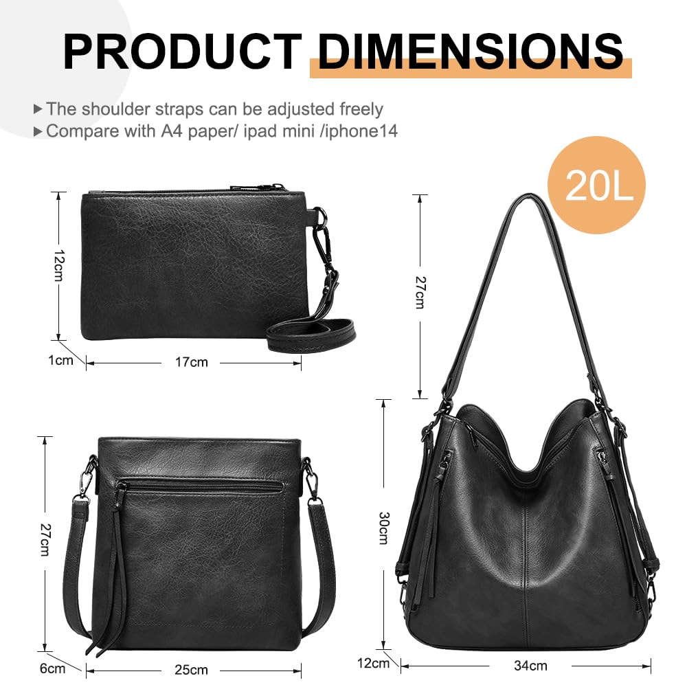 PU Leather Purses 3PCS, Hobo Crossbody Bags Set for Women, 3 in 1 Convertible Backpack for Ladies Shoulder Bags satchel Bags (Black)