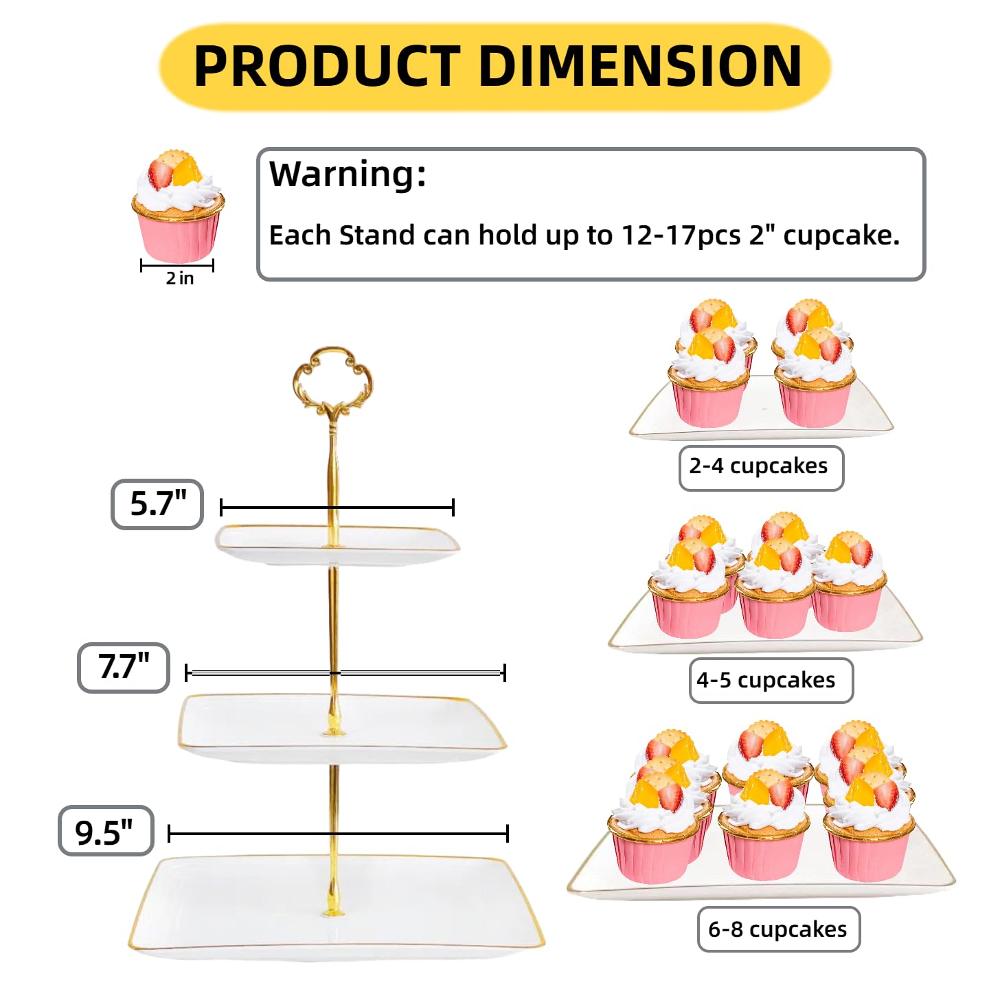 2 Pack RAUVOLFIA Plastic 3 Tier Cupcake Stand with Gold Rim, Plastic Tiered Serving Stand, Dessert Tower Tray for Tea Party, Baby Shower and Wedding, Square