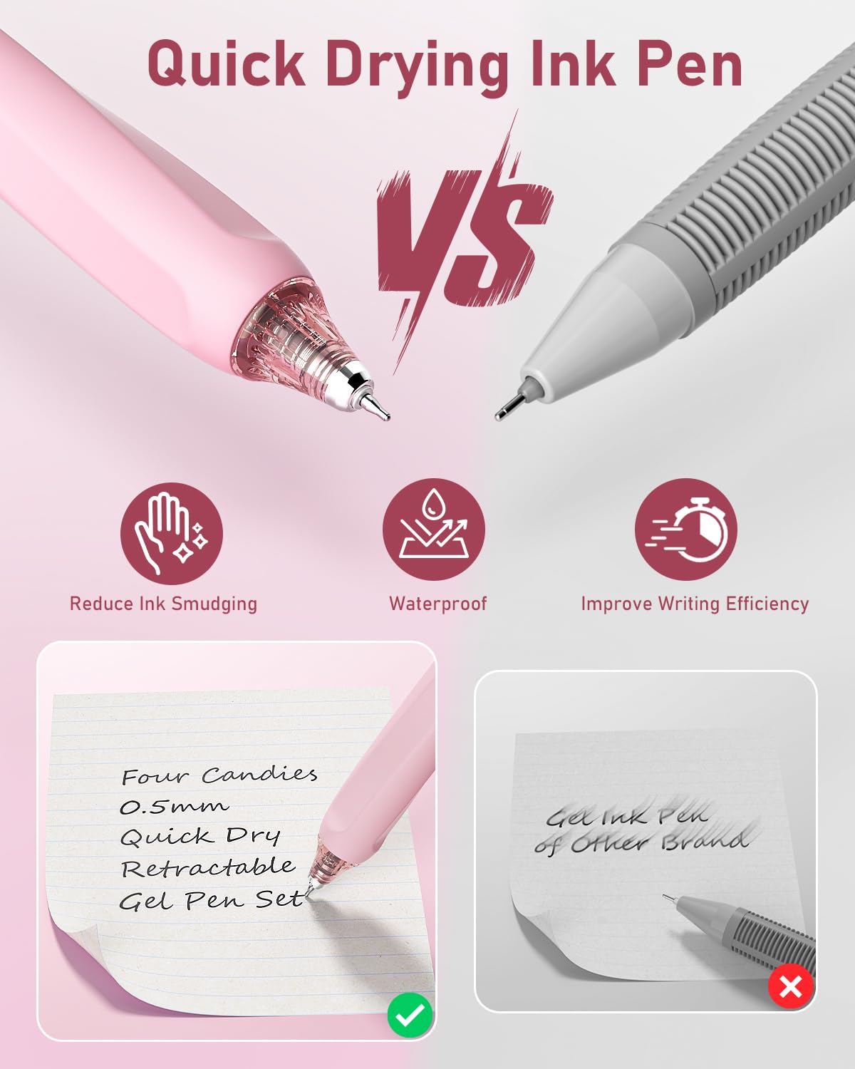 Four Candies Writing Ink Pens with Black & Pink Ink and 2Pack Highlighter, Cute Retractable 0.5mm Smooth Writing Pens,Pink Pens for School, Office Girly Stationery Aesthetic Desk Accessories Set of 14