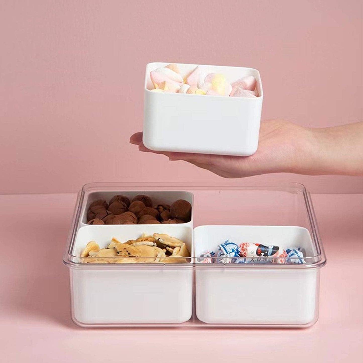 Divided Serving Tray with Lid, Removable Divided Platter Snack Box, Food Storage Charcuterie Containers with 4 Compartments for Christmas Party, Veggies, Snack, Fruit, Nuts, Candy, Cracker, Chip