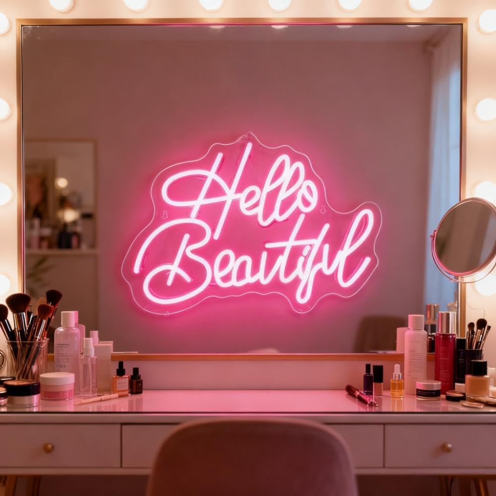 Hello Beautiful LED Neon Sign - USB Powered Dimmable Neon Light for Bedroom Living Room Dorm Home Decor Party Wall Table Art Decorations Gift for Teen Girls Women 16.5 x 11 In