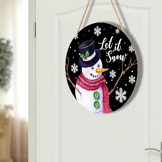 Winter Snowman Sign for Front Door Christmas Snowflake Wood Door Hanger 12"x12" Holiday Welcome Decorations Rustic Snowflakes Black Winter Wreath Wall Hanging Decoration for Home Wall Porch Yard Garden