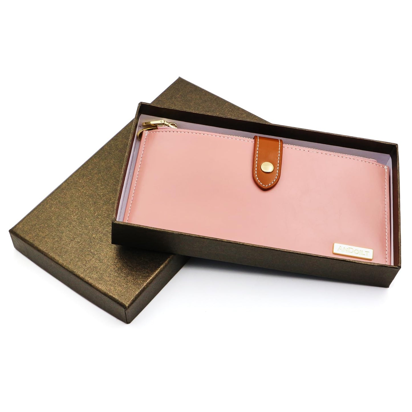 ANDOILT Women's Genuine Leather Wallet RFID Blocking Credit Card Holder Zipper Purse Cell Phone Handbag Pink