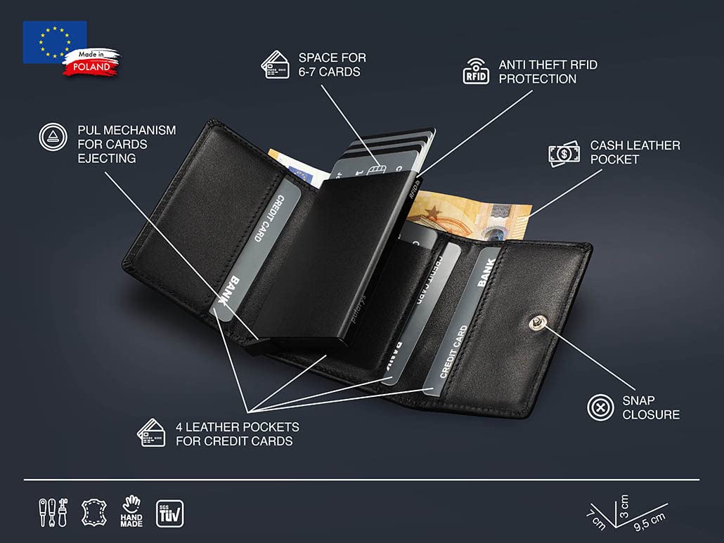 PULARYS Mini Wallet BOSTON - Multifunckion Credit Card Case - Italian Leather - RFID blocking - Size: 7.5 x 9.5 x 2.5 cm - Space for up to 10 Cards - Snap Fastener - Classic Design