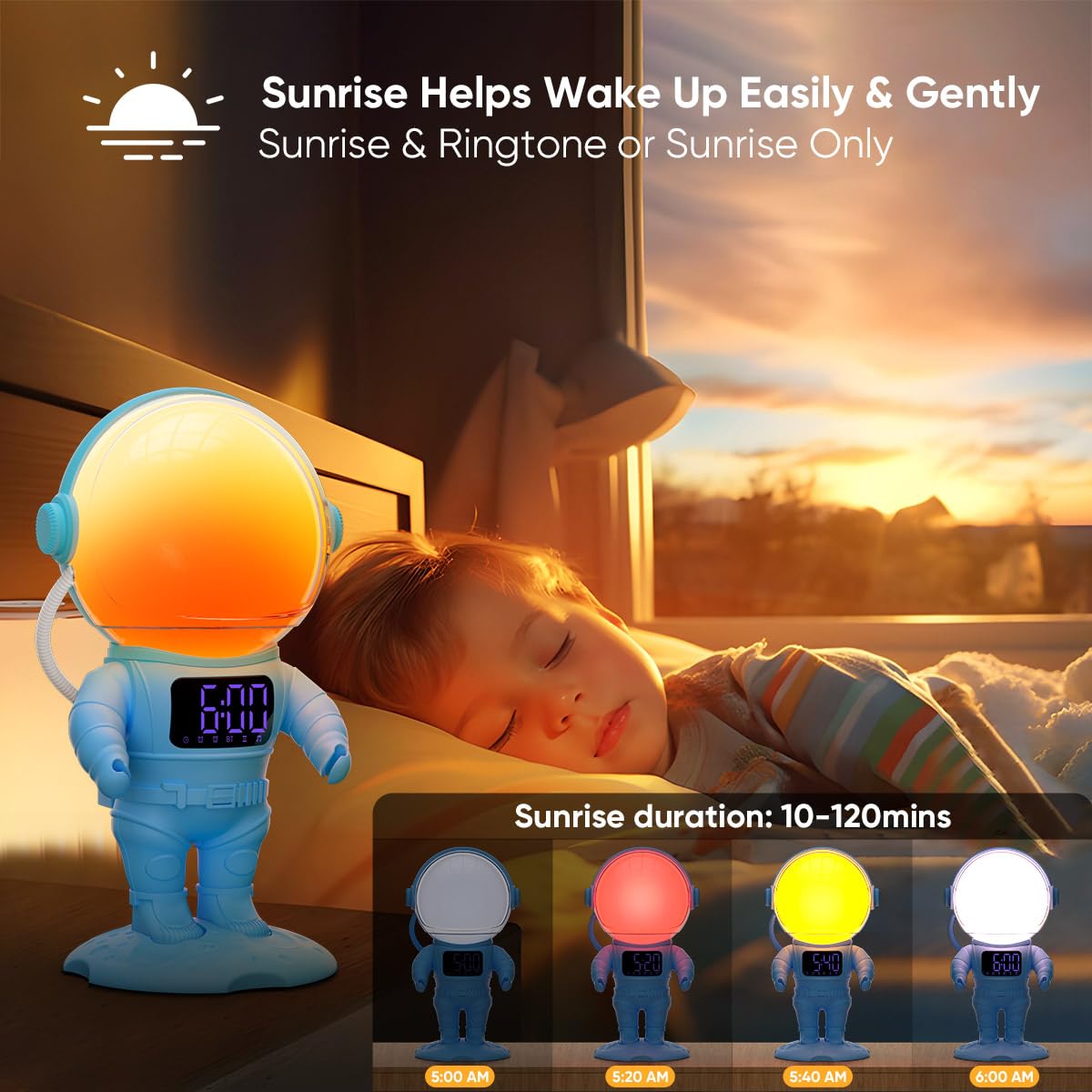 AFEXOA Astronaut Sunrise Alarm Clock for Kids, White Noise Sound Machine with 30 Soothing Sounds, 22 Dimmable Nightlights, Bluetooth Speaker, Dual Alarms, Wake Up Light for Bedroom(Blue)
