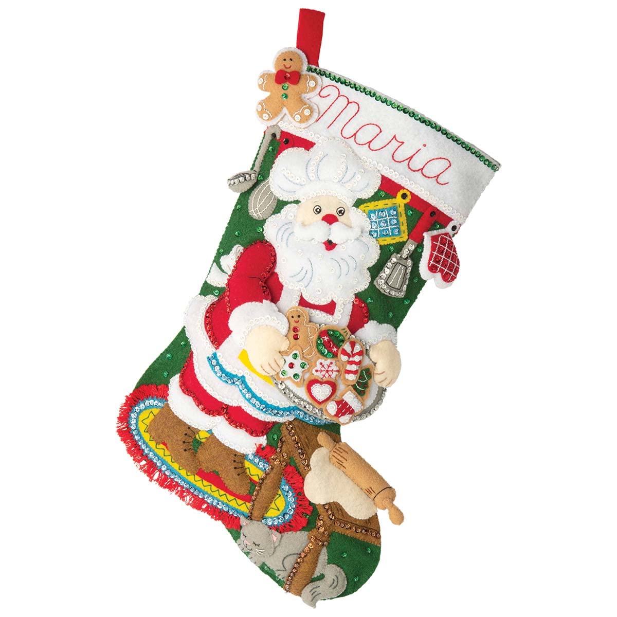 Bucilla Felt Applique 18" Stocking Making Kit, Gingerbread Santa, Perfect for DIY Arts and Crafts, 89312E