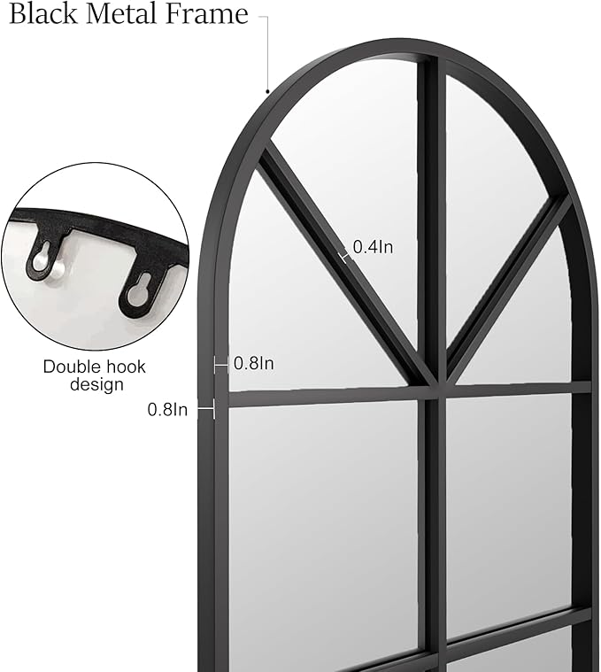 Full Length Mirror, 65"x22" Arched Window Pane Mirrors for Wall Decor, Black Full Body or Wall Mounted Mirrors, Farmhouse Standing Mirror Hanging or Leaning for Living Room, Entryway, No Stand