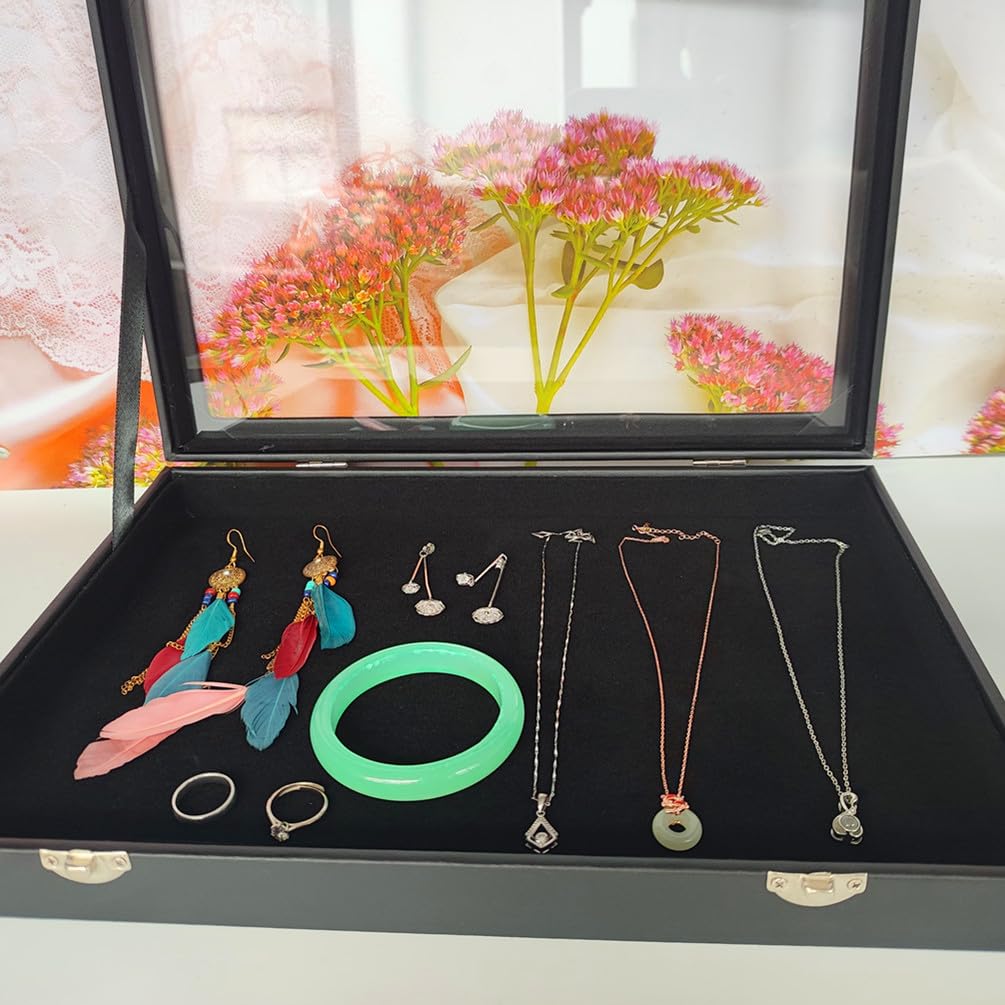 Wooden Jewelry Organizer Tray Box with Clear Lid, Travel Rectangle Organization Storage Box with Metal Clasp, Velvet Blank Jewelry Display Case for Necklaces Bracelets Rings Accessories (Black)