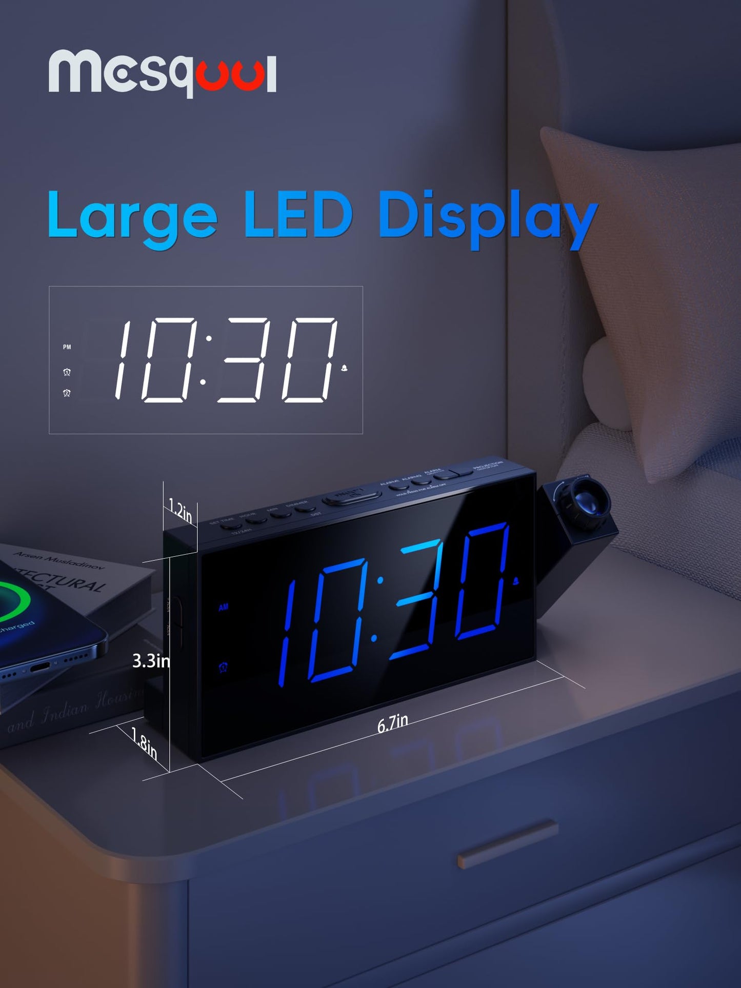 Digital Projection Alarm Clocks for Bedrooms - Large LED Display, 180Β° Rotatable Projector, 5-Level Dimmer,USB Charger,Battery Backup,Loud Dual Alarms for Kids Elderly,Heavy Sleepers,Snooze,12/24H,DST