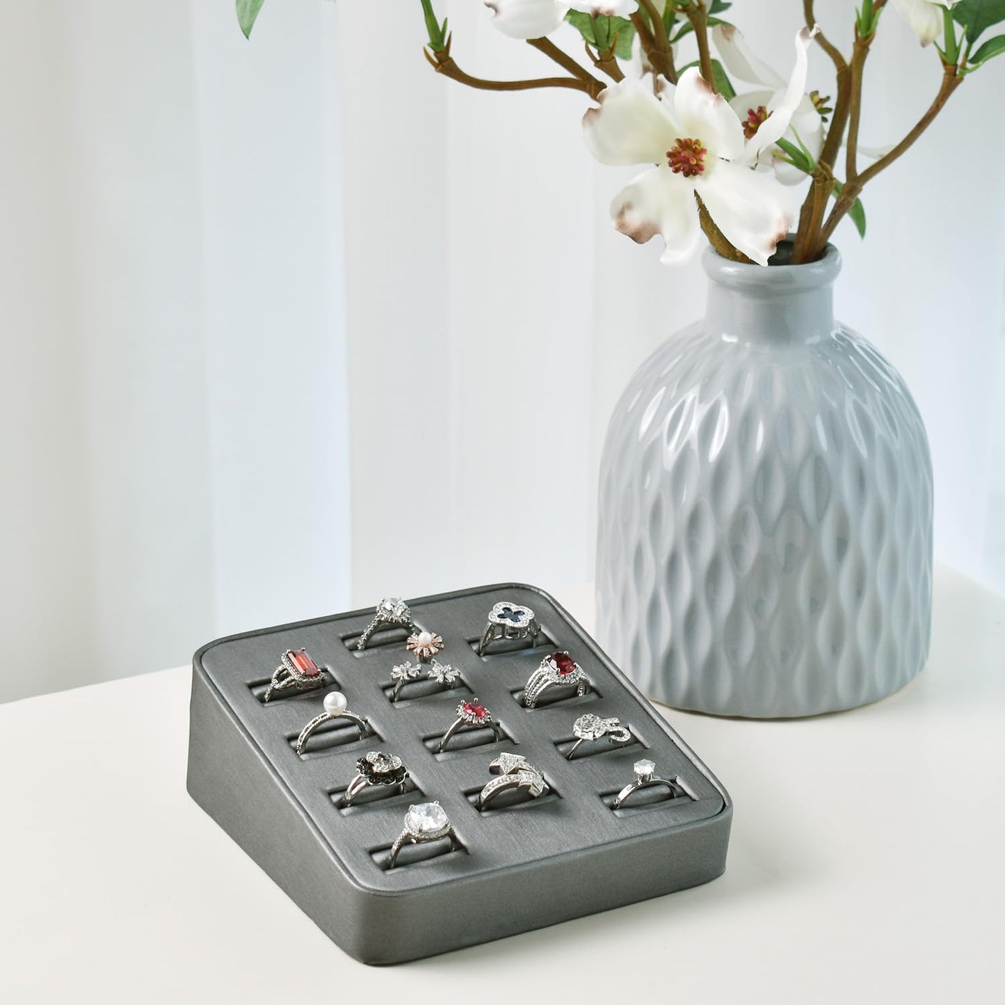 MOOCA 12 Slots Ring Tray Display, Slotted Ring Showcase Display Jewelry Organizer Stand for Home Trade Show, Steel Grey Faux Leather Trim