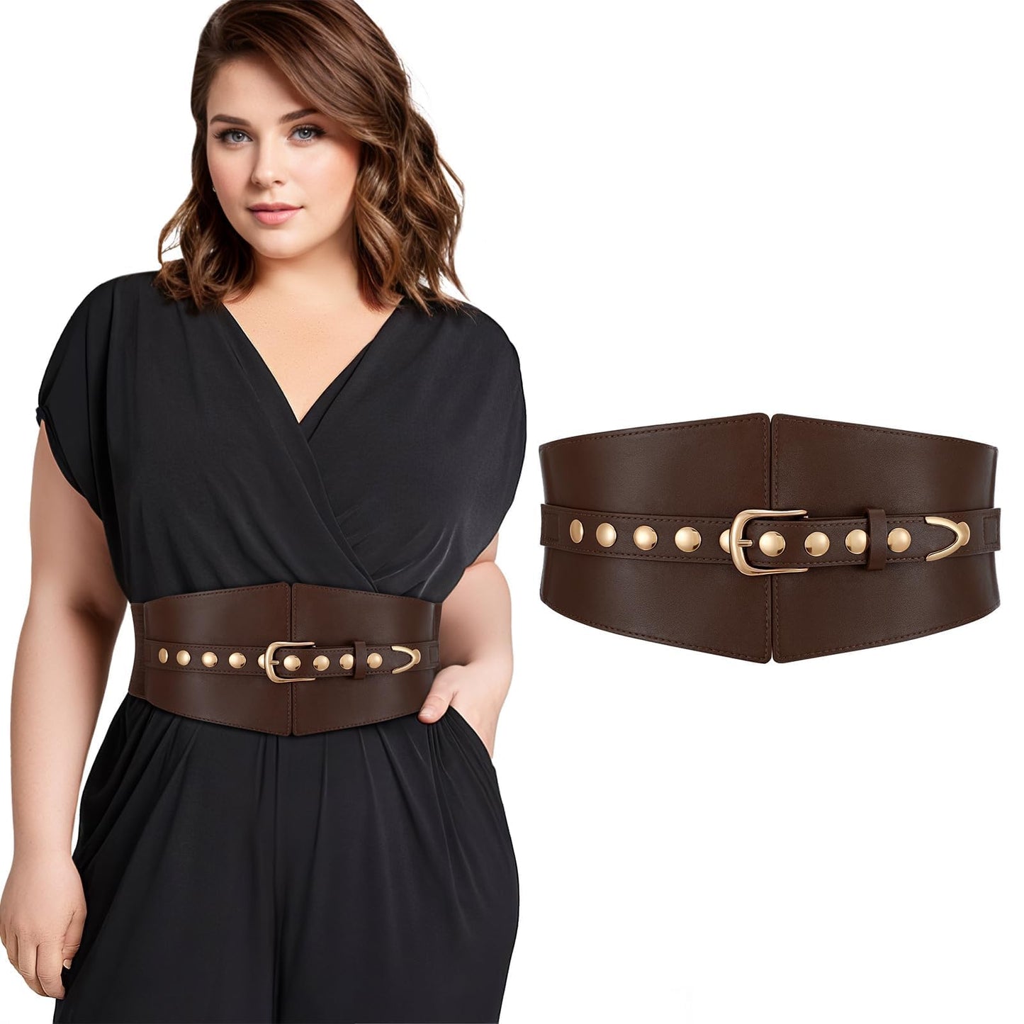 JKEEMI Wide Waist Belt Women Elastic Chunky Stretchy Elegance Belt with Gold Rivets Buckle for Daily Costume
