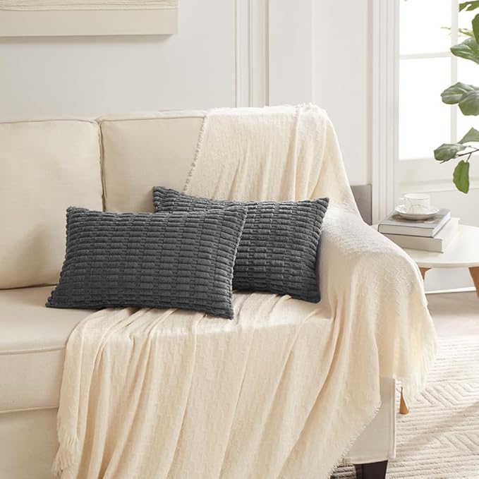 Fancy Homi Dark Grey Lumbar Decorative Throw Pillow Covers 14x24 Inch for Living Room Couch Bed Sofa, Rustic Farmhouse Boho Home Decor, Soft Striped Corduroy Rectangle Cushion Case 35x60 cm