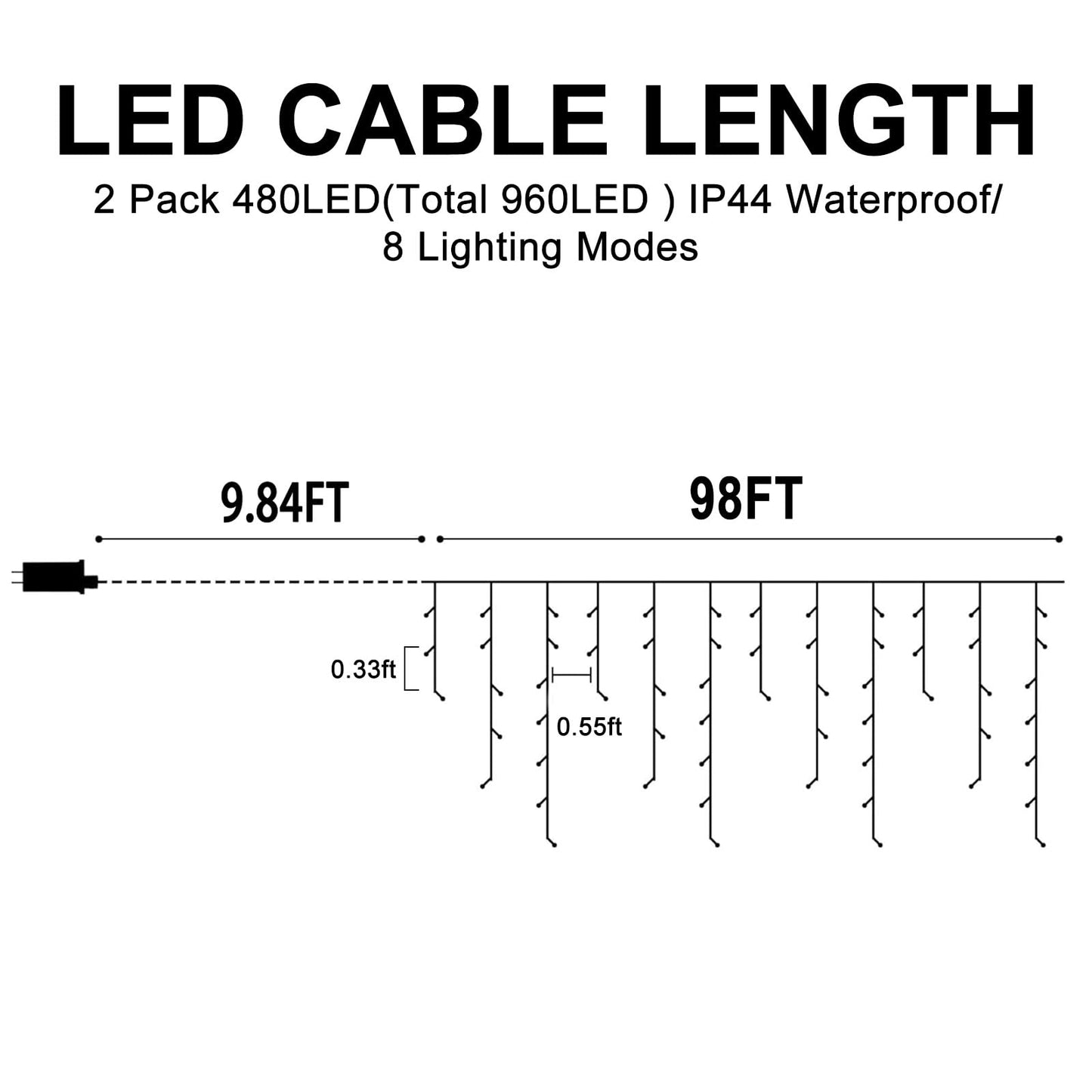 Christmas Lights Outdoor, 2 Pack Total 98FT 960 LED Ice Lights for Outside with 180 Drops Clear Wire 8 Modes Timer, Plug in Waterproof for Holiday Eaves Yard Roof Party Christmas Decor (Warm White)