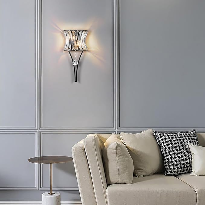 Crystal Wall Sconces Set of Two, 2-Light Black Sconces Wall Decor Set of 2, Modern Bathroom Wall Light Bedside Wall Lamps Luxury Glass Sconces Wall Lighting for Living Room Bedroom Hallway