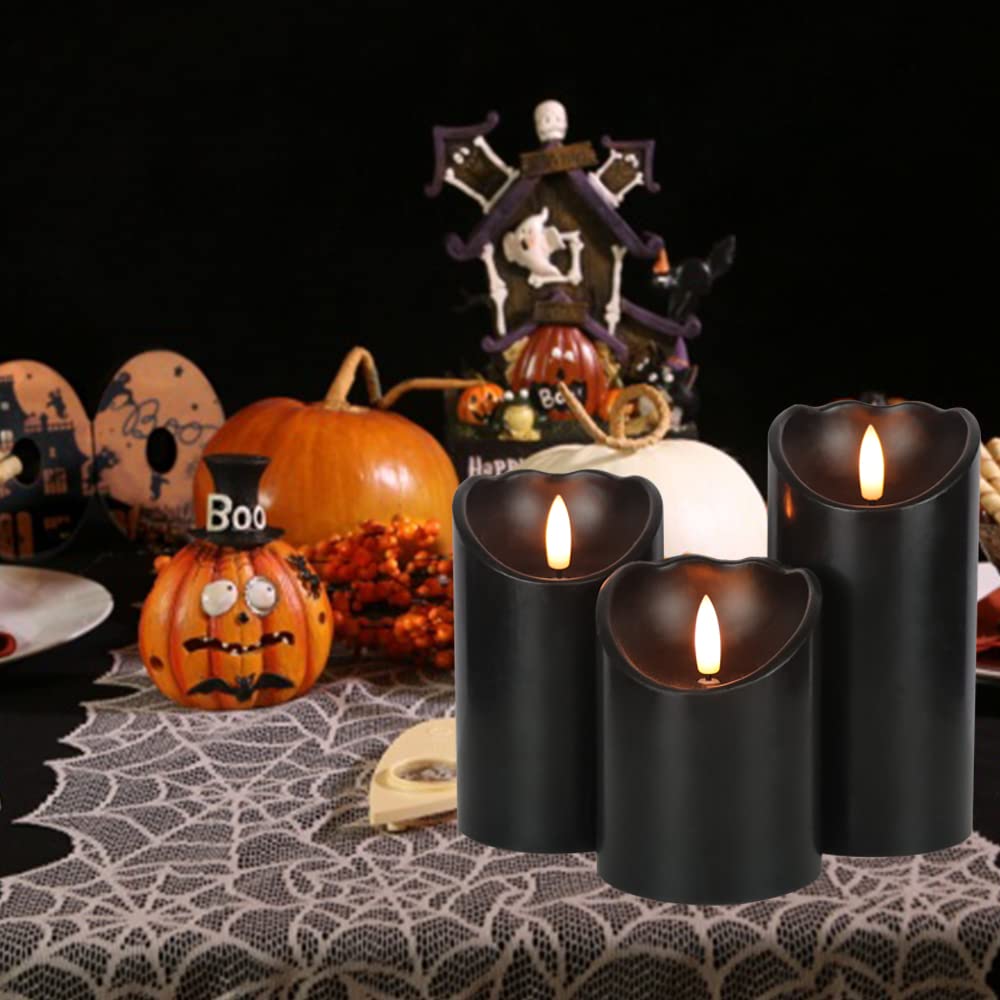 DRomance Black Flameless Pillar Candles with 6H Timer AAA Battery Powered Real Wax Wick Flickering LED Candles Hallloween Theme Home Decoration Candle 3 x 4, 5, 6 Inches