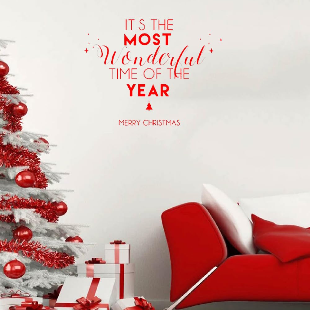 It's The Most Wonderful Time of The Year Merry Christmas Quote Decal Home Living Room Sticker Decor Removable Vinyl Decoration Wallpaper MC026 (Red)