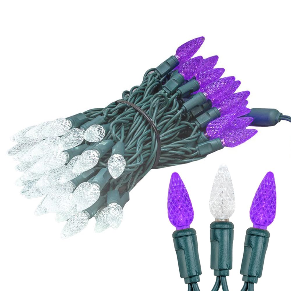 Novelty Lights 24FT 70 LED C6 Commercial Grade LED String Lights, Tree Decorations. Outdoor & Indoor usage, Permanent Christmas Lights. Pure White & Purple