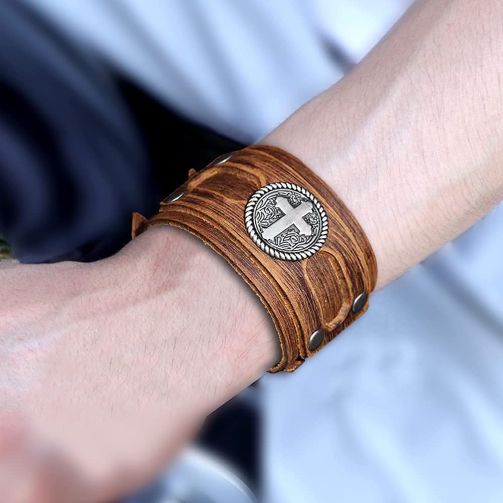 NIGHTCRUZ Wide Leather Bracelet with Cross, Medieval Leather Cuff Wristband for Mens